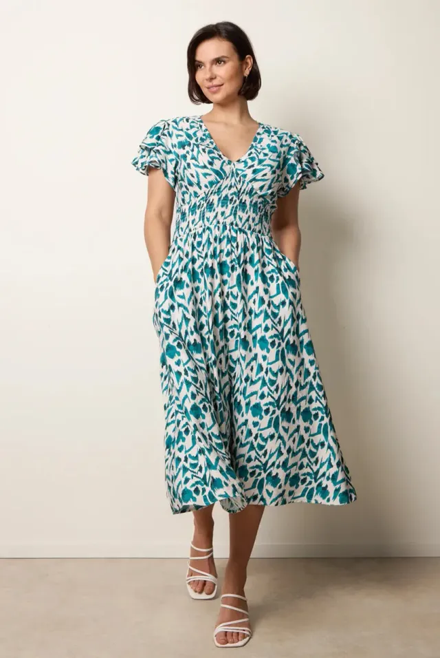 Blue Vanilla Printed V Neck abito teal midi