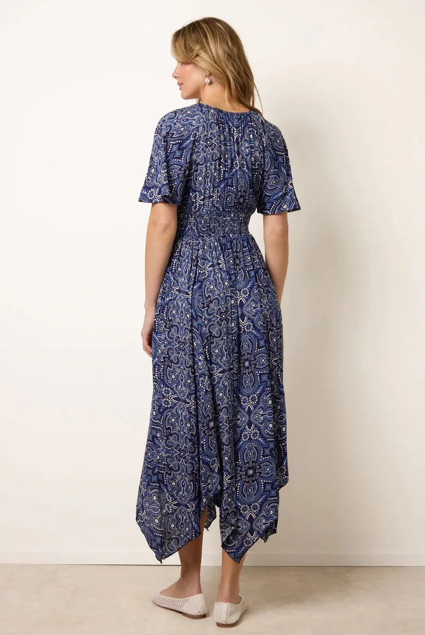 Blue Vanilla Paisley abito midi navy viscosa manica corta