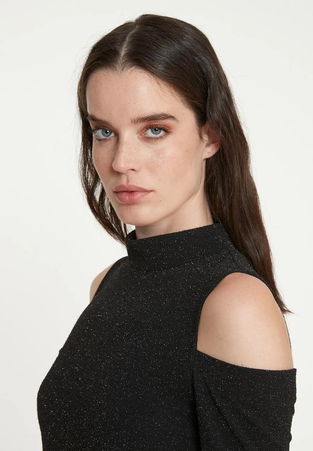 Ana Alcazar Tarina abito tubino nero in lurex midi