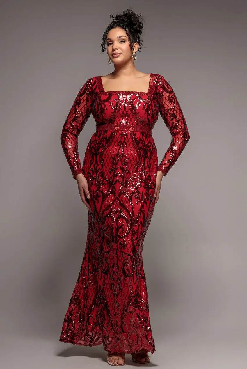 Goddiva Plus DR4038 Abito Maxi Rosso Pizzo Scollo Quadrato
