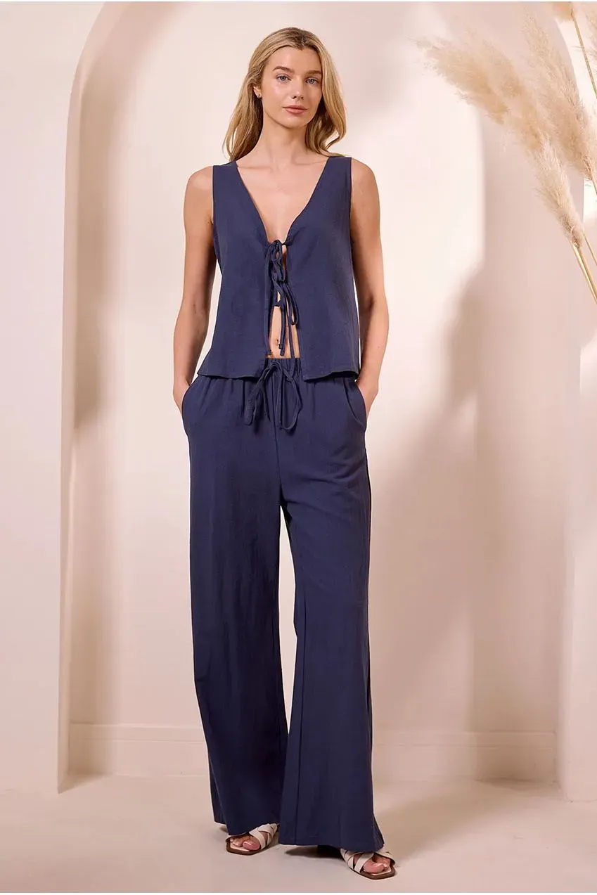 Angeleye Tie-up completo navy top e pantaloni palazzo