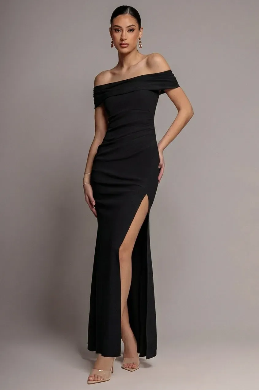 Goddiva abito lungo spalle scoperte nero scuba con spacco