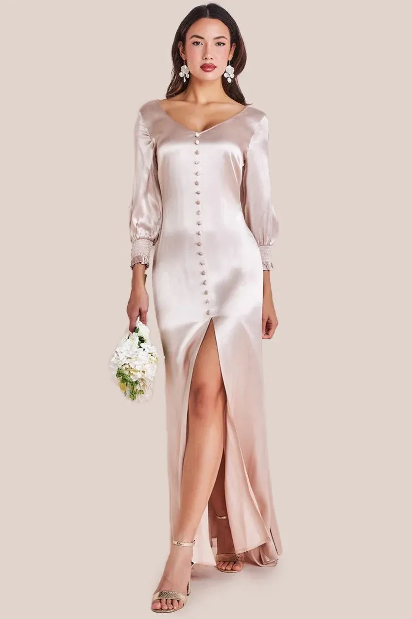 Goddiva Satin Viscose abito maxi scollo cuore champagne
