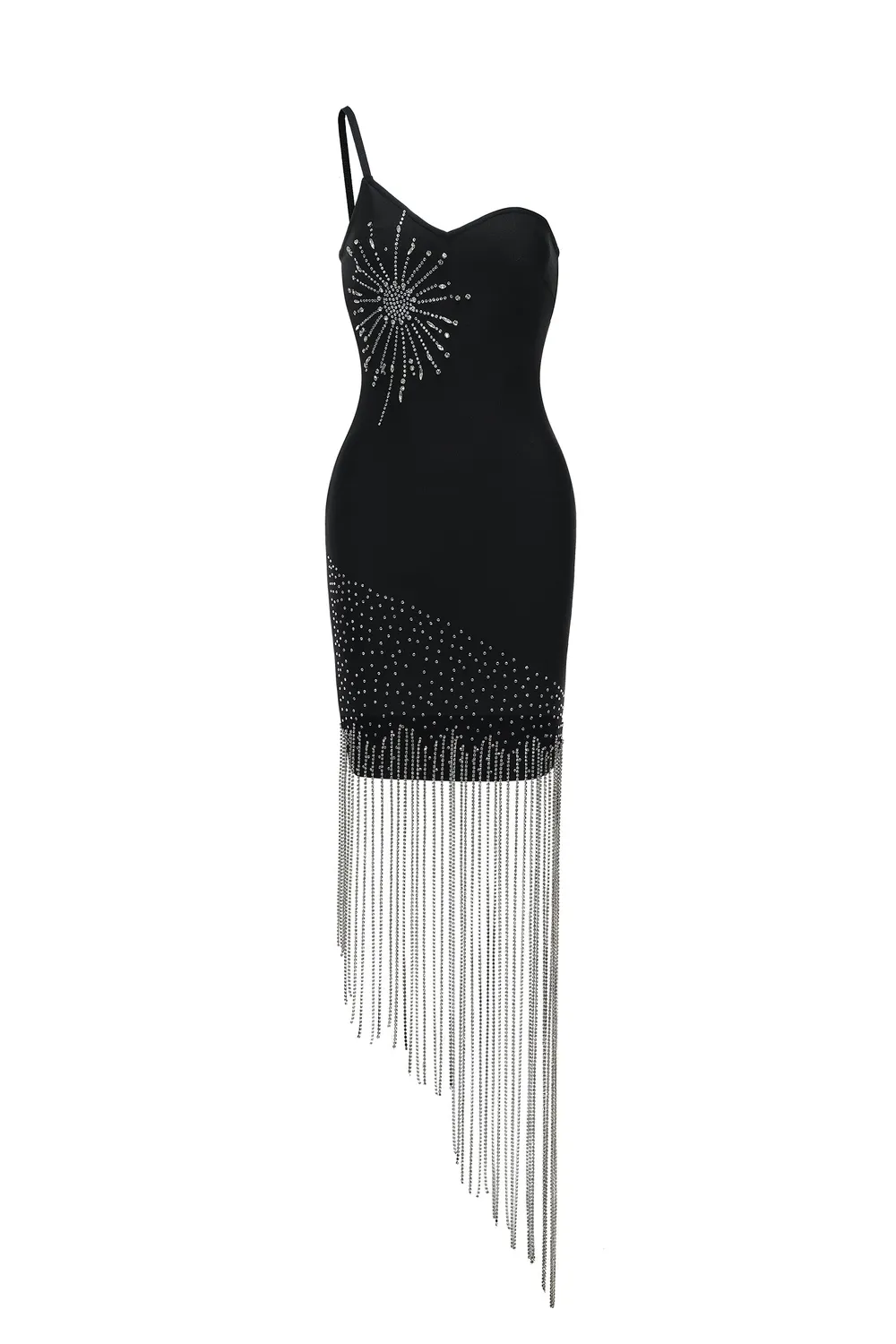 Bella Barnett Garina abito nero bandage midi monospalla strass