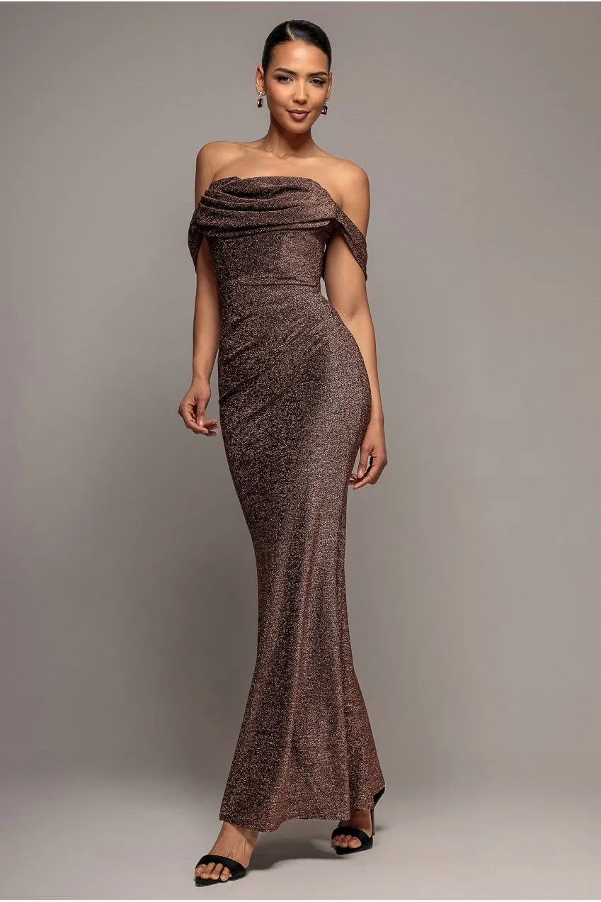 Goddiva Lurex Cowl vestito lungo bronzo spalle scoperte