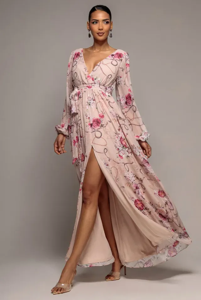 Goddiva Wrap abito lungo chiffon floreale latte spacco 8-16