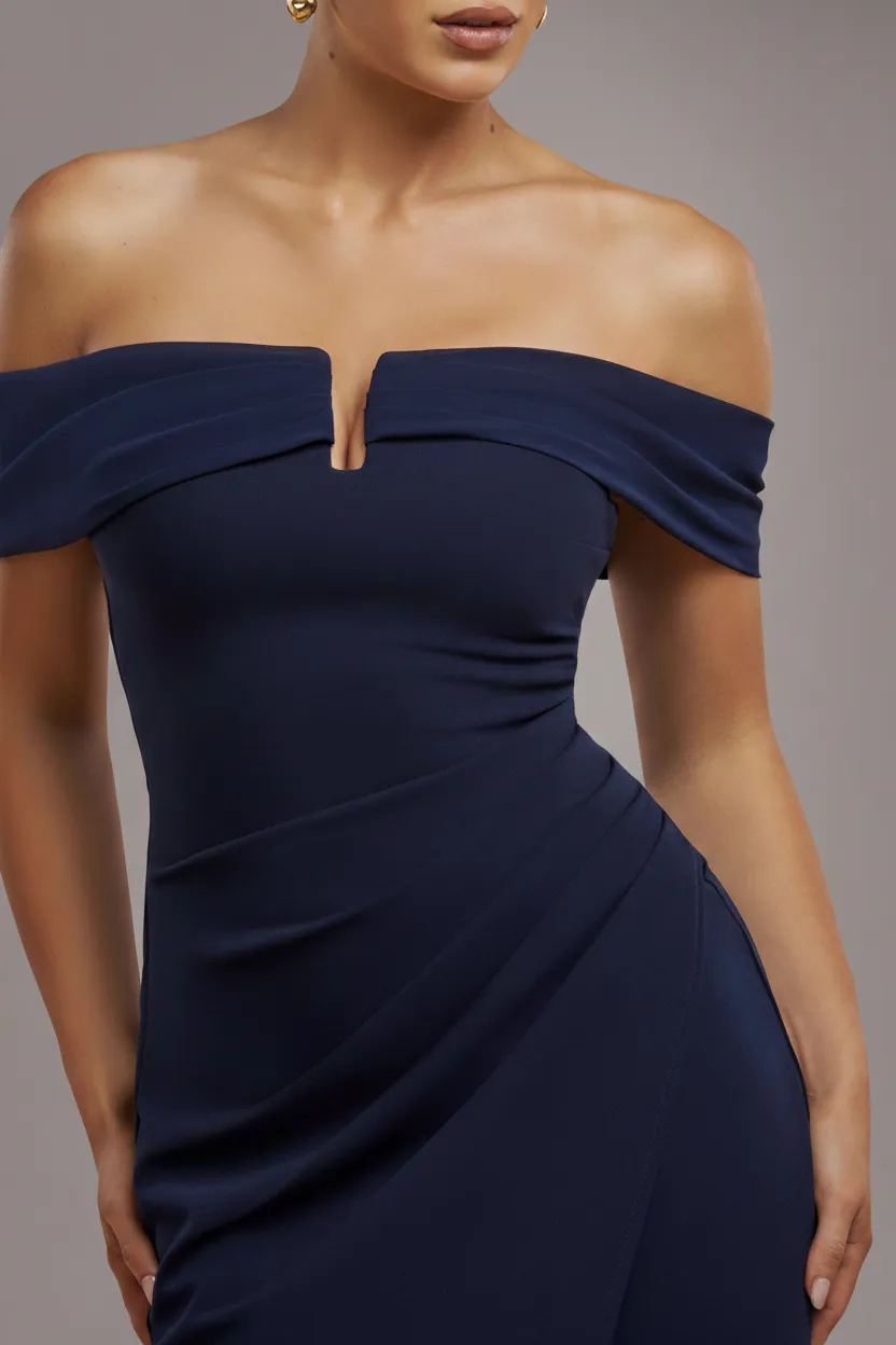 Goddiva spalle scoperte abito midi blu navy scuba