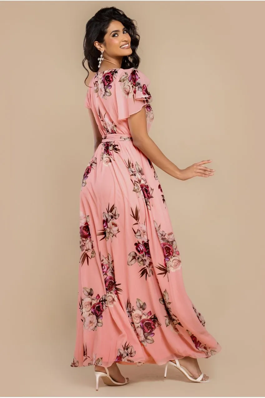 Goddiva abito maxi fantasia floreale pesca