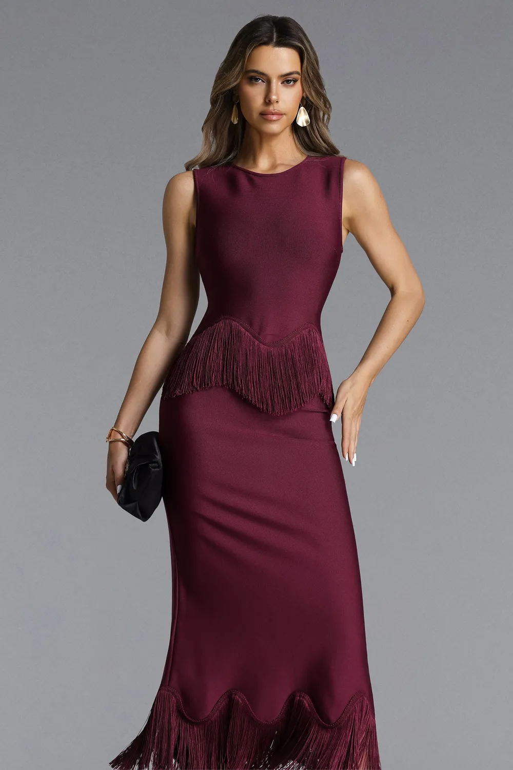 Bella Barnett Wenesa abito maxi bandage frange rosso