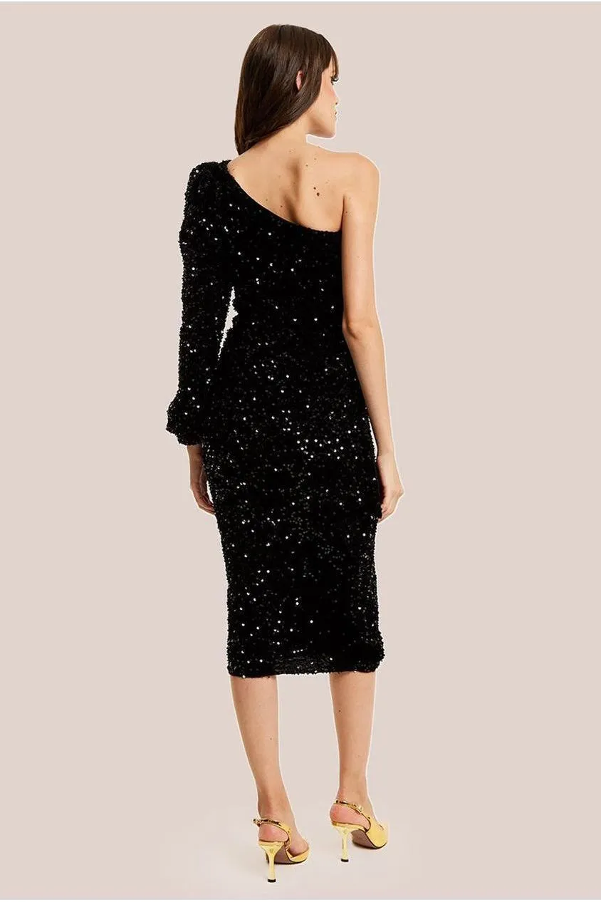 Liquorish One Shoulder abito midi velluto paillettes nero