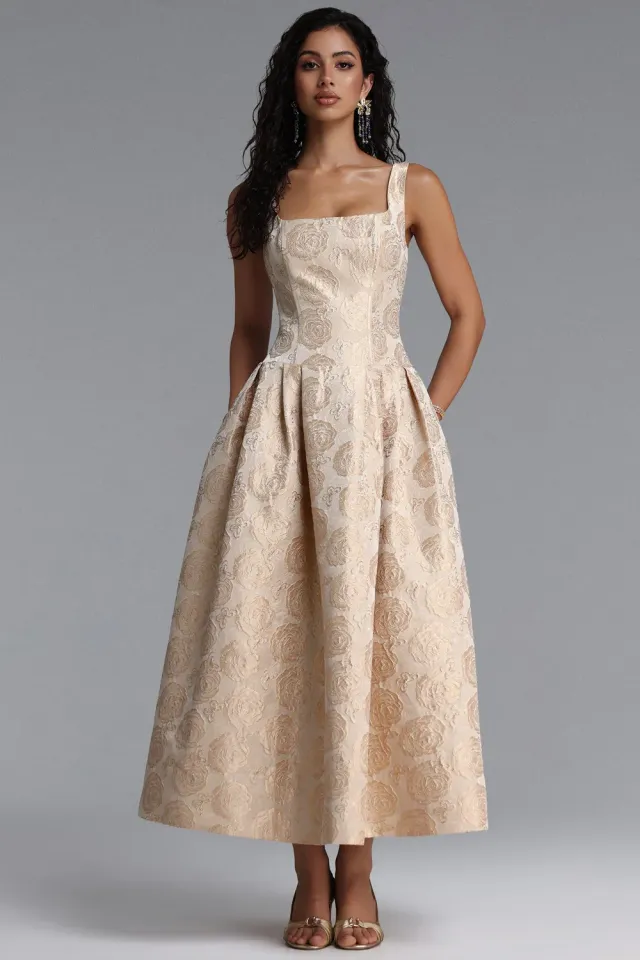 Bella Barnett Rahel abito maxi oro jacquard floreale