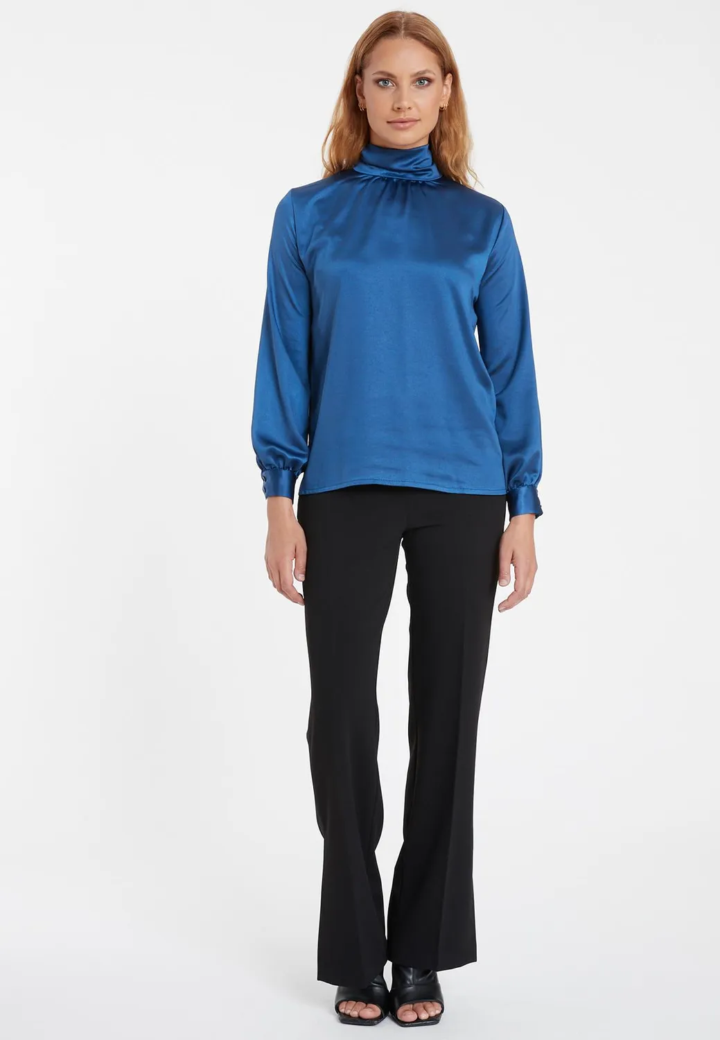 Ana Alcazar Siboni camicia raso blu fiocco