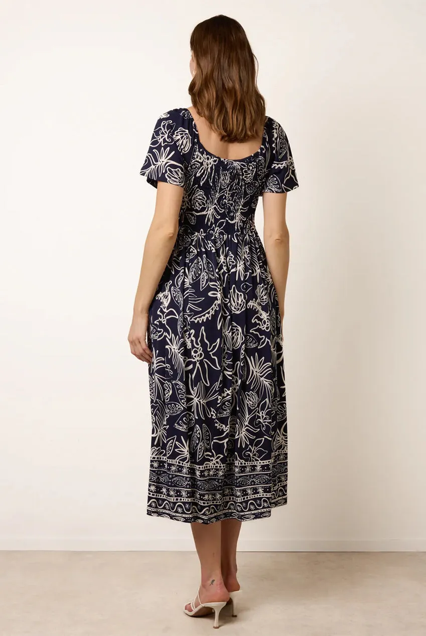 Blue Vanilla Shirred abito midi blu stampa tropicale S-L