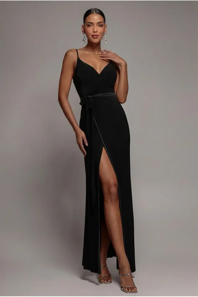 Goddiva Wrap Front Maxi abito lungo nero incrocio con cintura