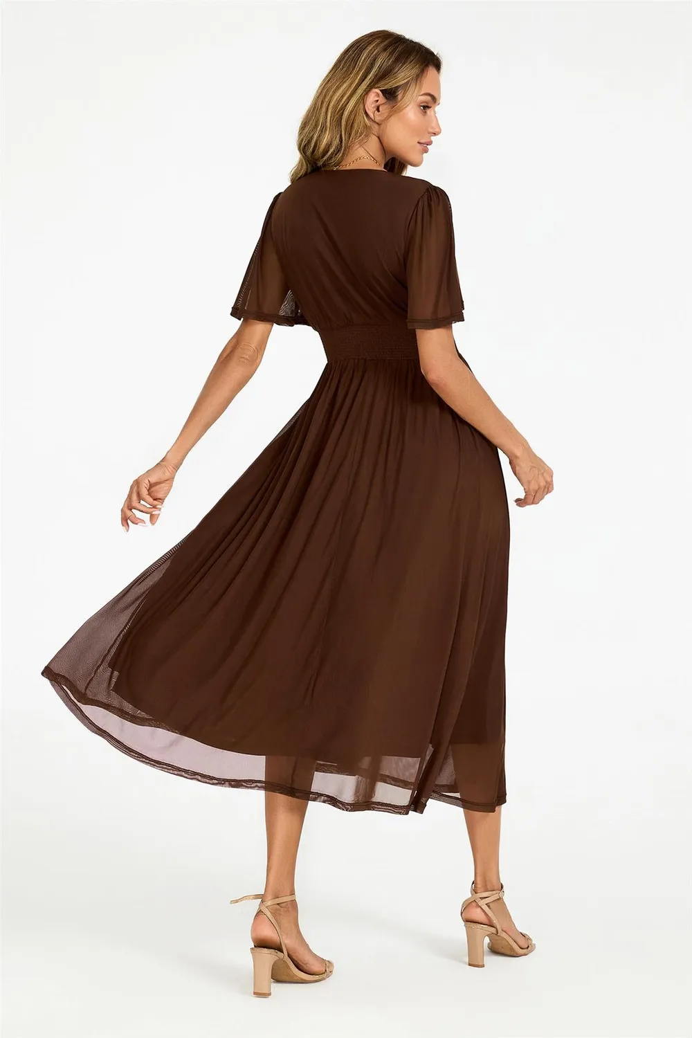 FS Collection Flutter Sleeve abito midi marrone scollo V