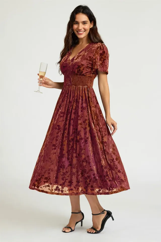 FS Collection Rust Velvet Burnout V-Neck Angel Sleeve Abito Midi Ruggine