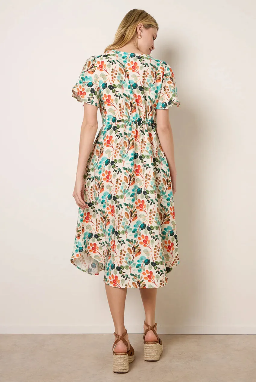 Blue Vanilla Leaf Print abito camicia midi arancione foglie