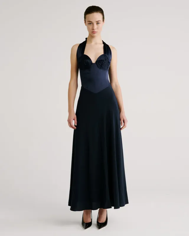 Violante Nessi Anya abito sera blu seta satin crepe