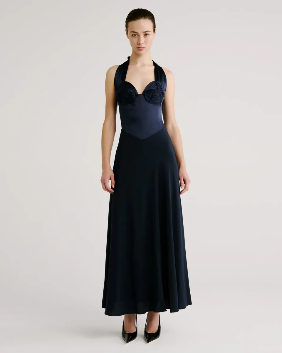 Violante Nessi Anya abito sera blu seta satin crepe