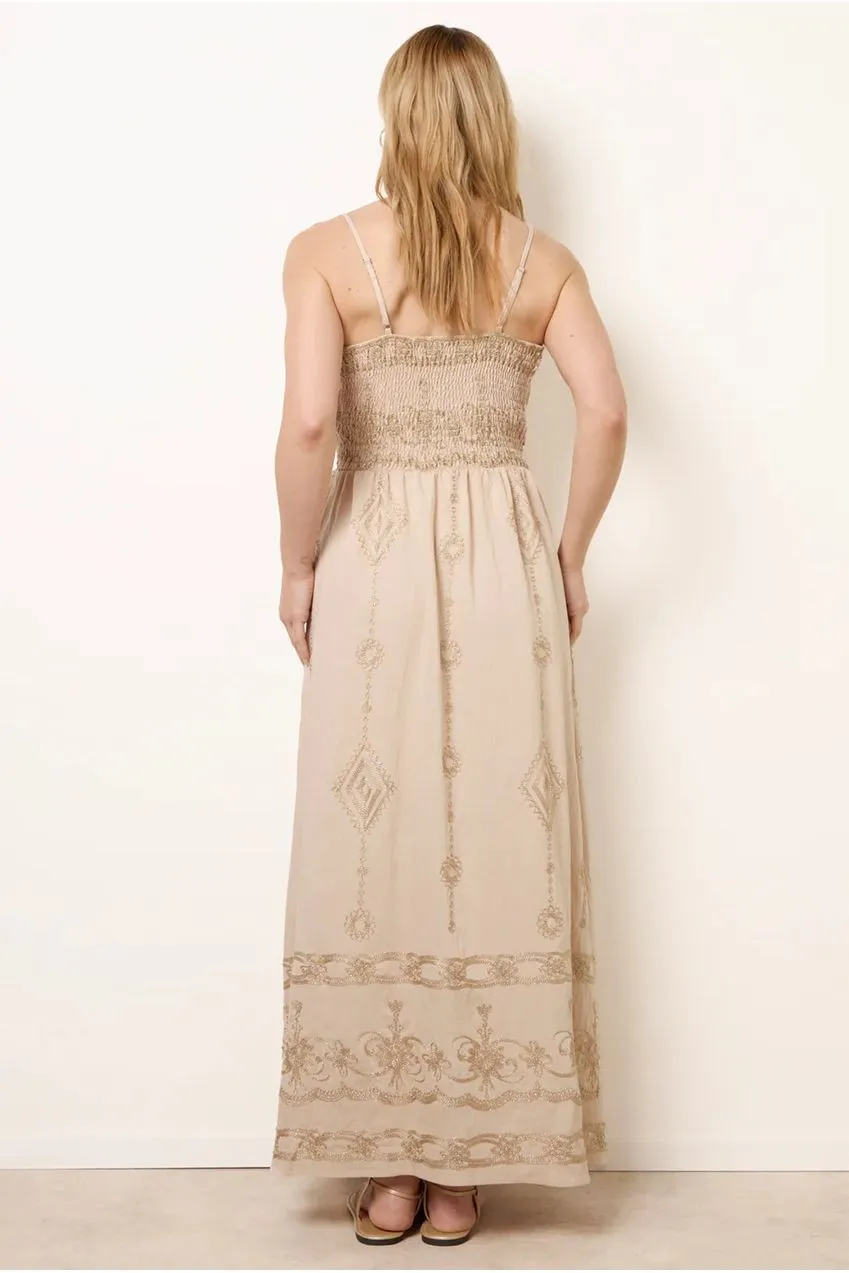 Blue Vanilla Embroidered Abito maxi stone ricamo spalline