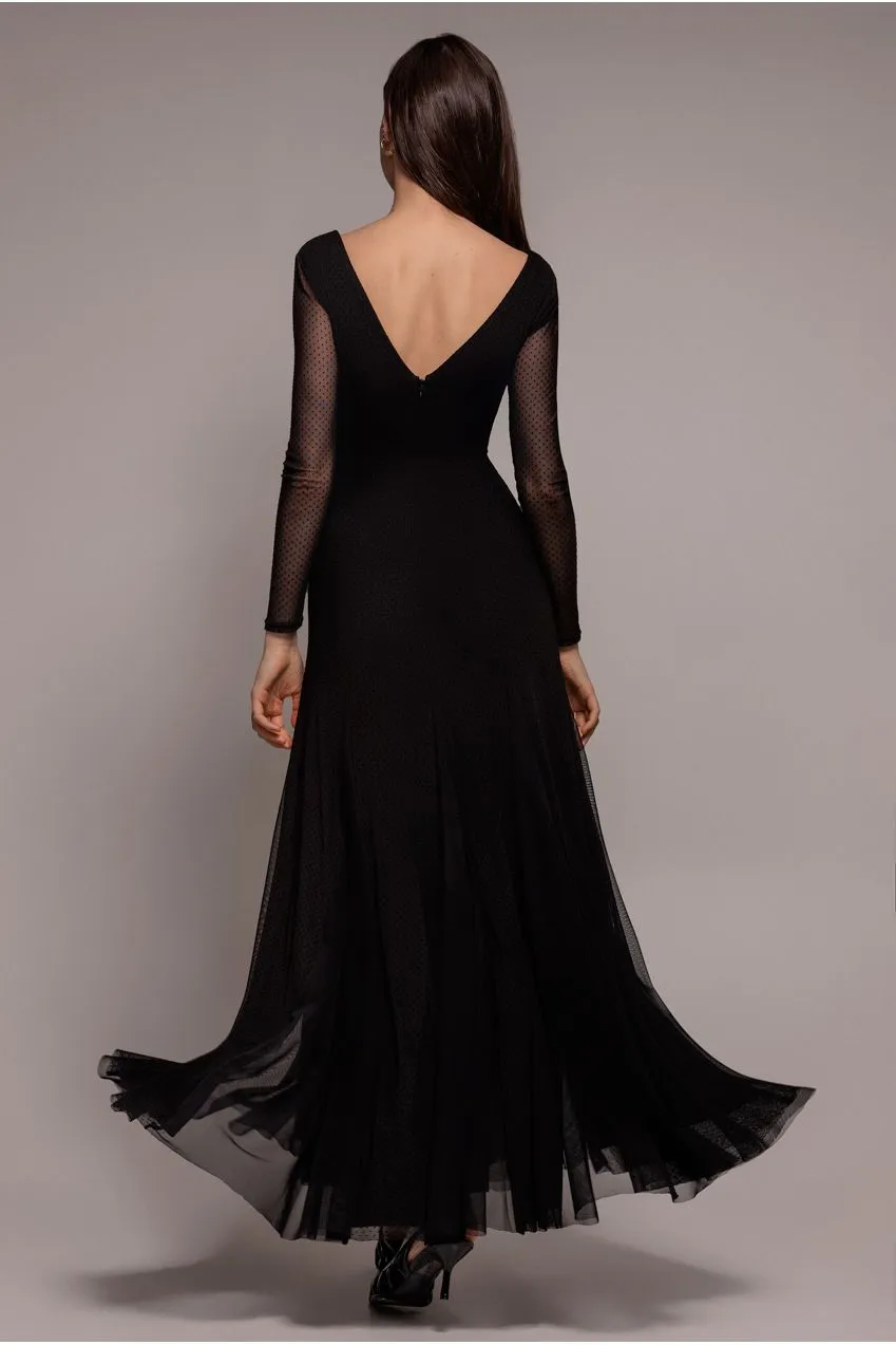 Goddiva Dobby Mesh Insert Abito Maxi Nero a trapezio
