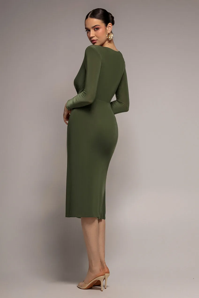 Goddiva abito midi incrociato verde oliva maniche lunghe