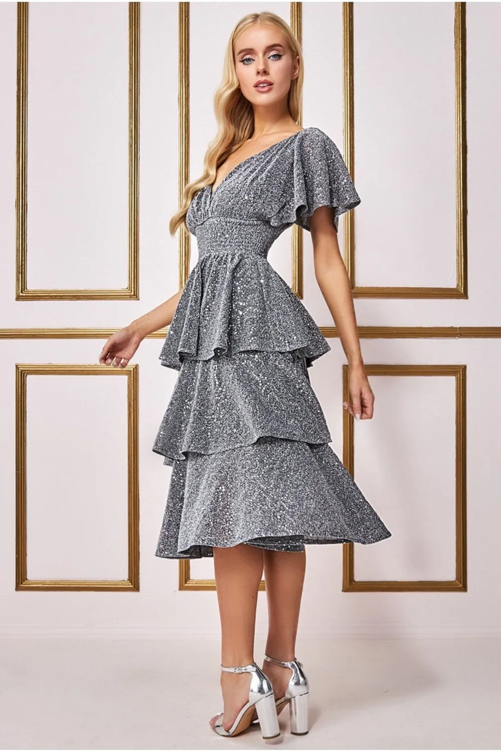 Goddiva Sequin Lurex abito midi argento paillettes