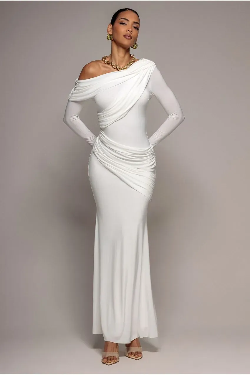 Goddiva Soft Touch abito maxi bianco spalle scoperte