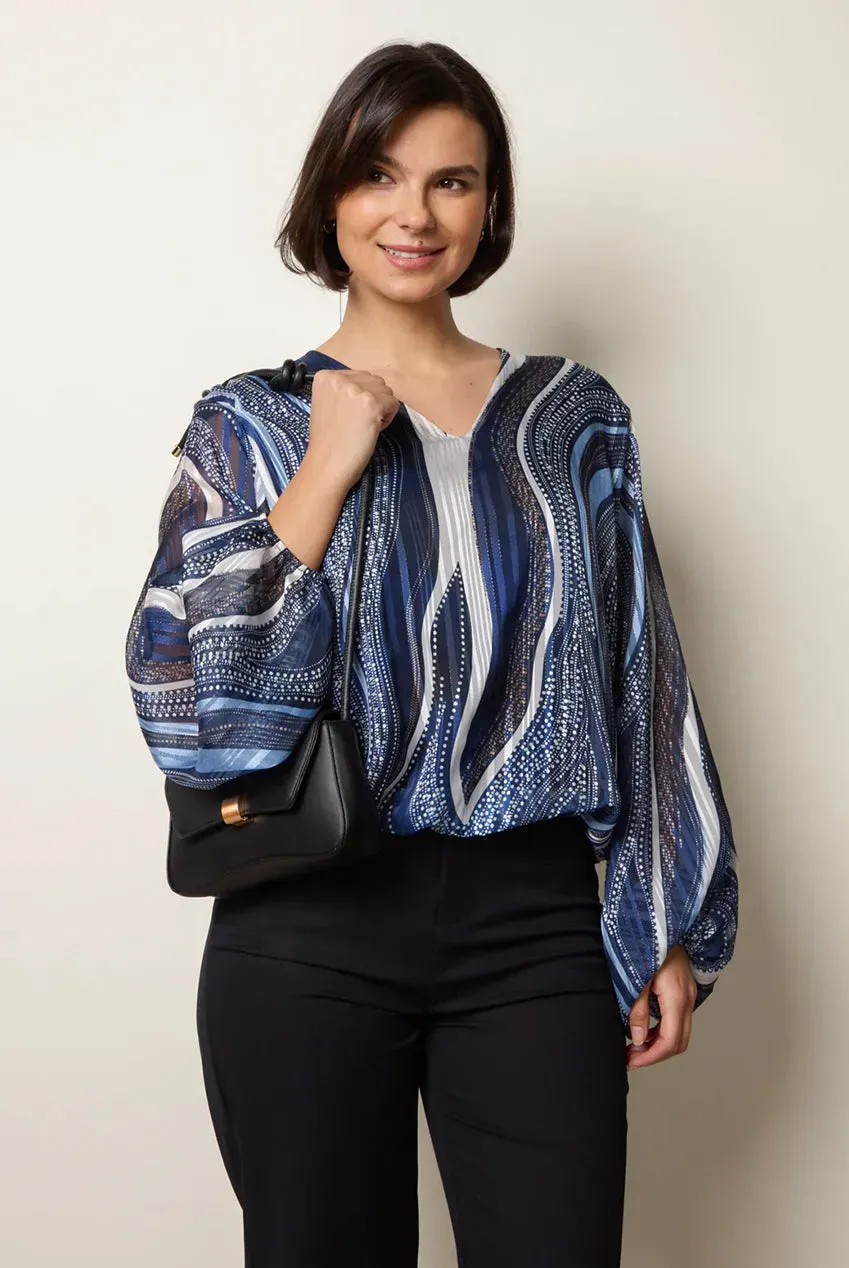 Blue Vanilla blusa navy fantasia vortici maniche lunghe