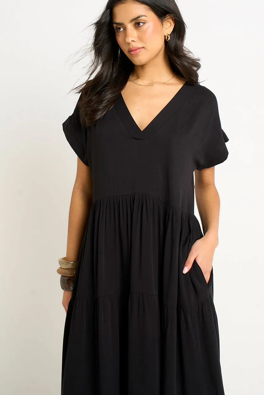 Gini London Pocket Smock abito midi nero M/L scollo a V