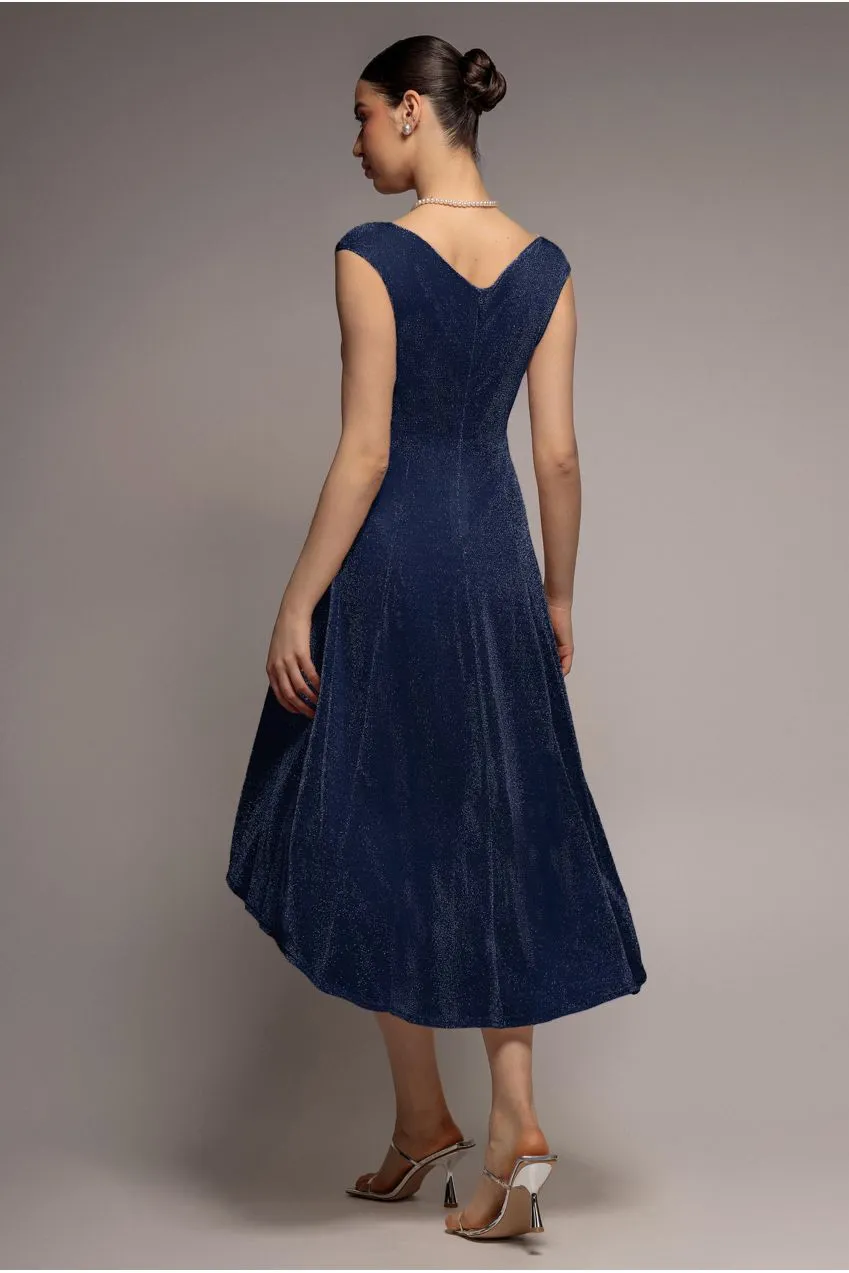 Goddiva Lurex Off Shoulder abito navy asimmetrico lurex