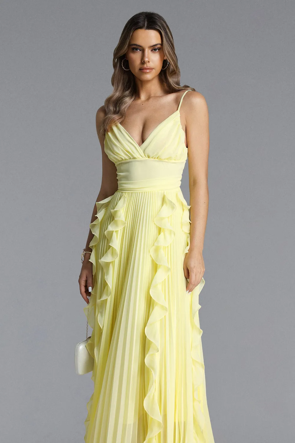 Bella Barnett Viky abito maxi giallo plissettato balze