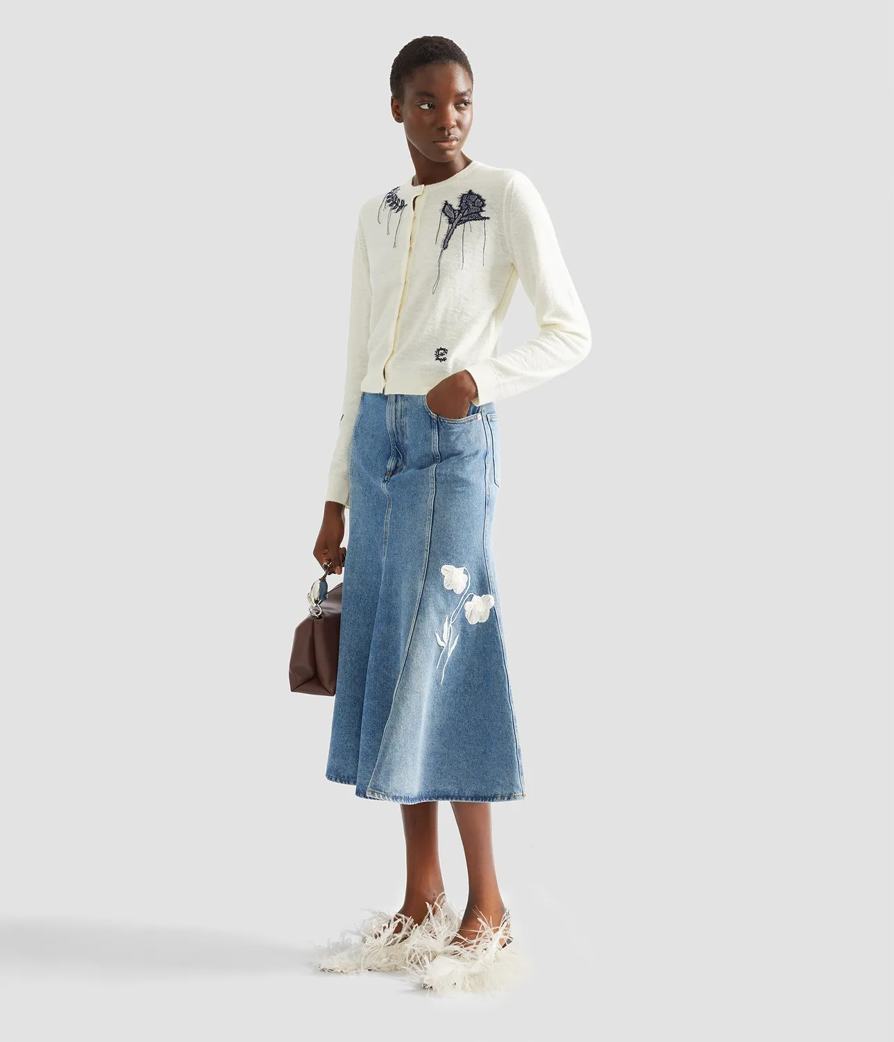 Erdem Embroidered Denim gonna midi jeans papaveri