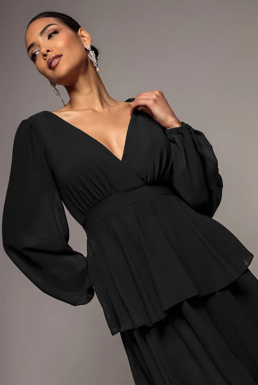 Goddiva Tiered Chiffon abito midi nero incrocio