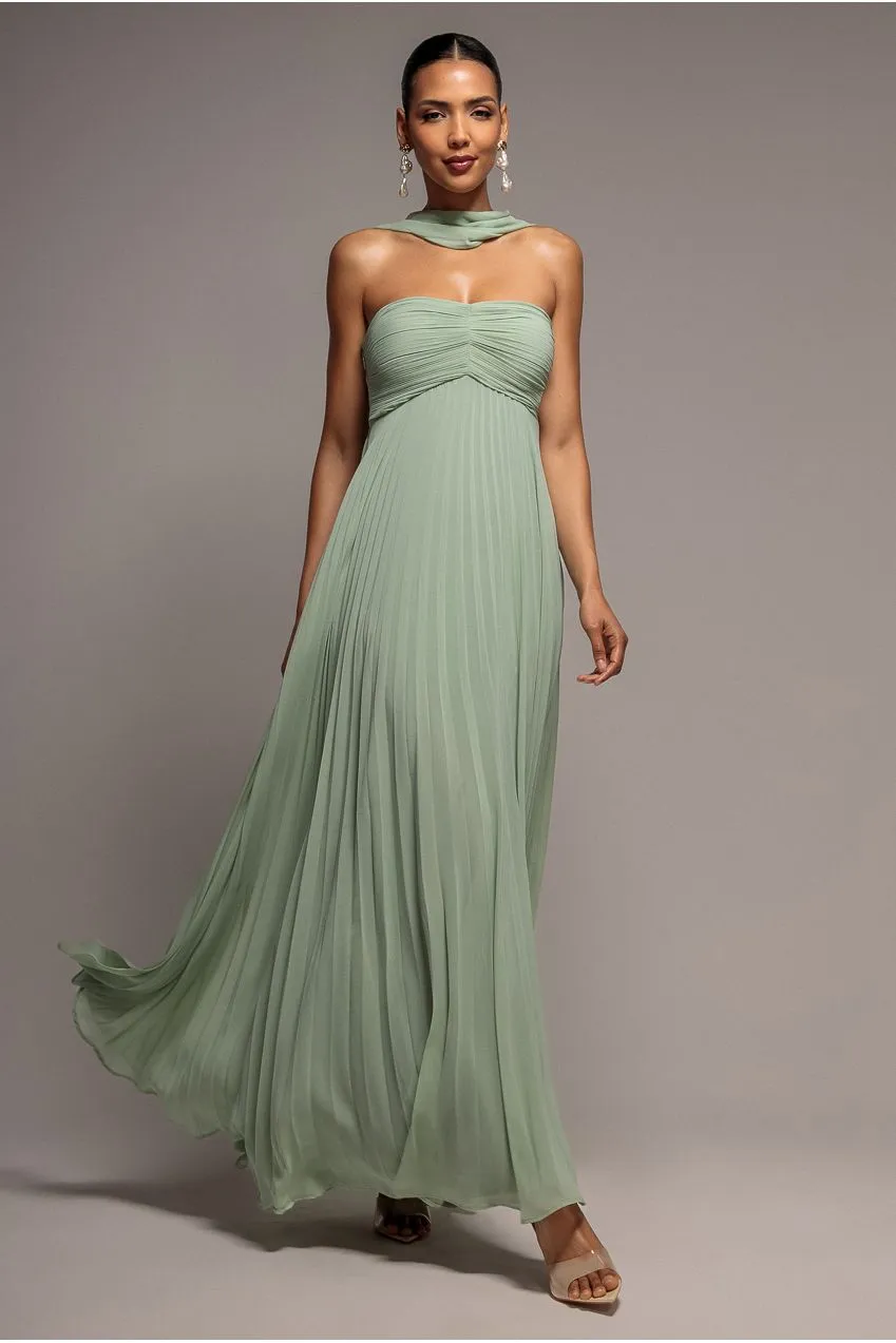Goddiva Pleated Chiffon abito maxi verde salvia con coppe