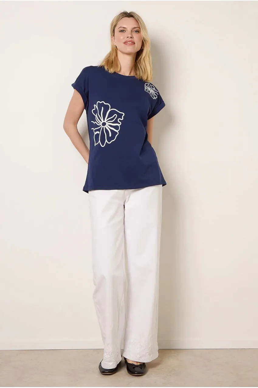 Blue Vanilla Floral t-shirt navy cotone ricamata