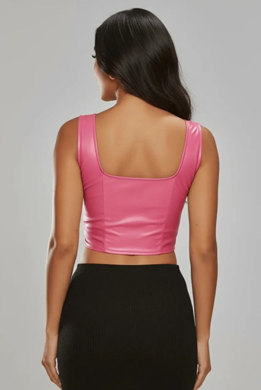 Goddiva Diamante Square Neckline top fucsia ecopelle