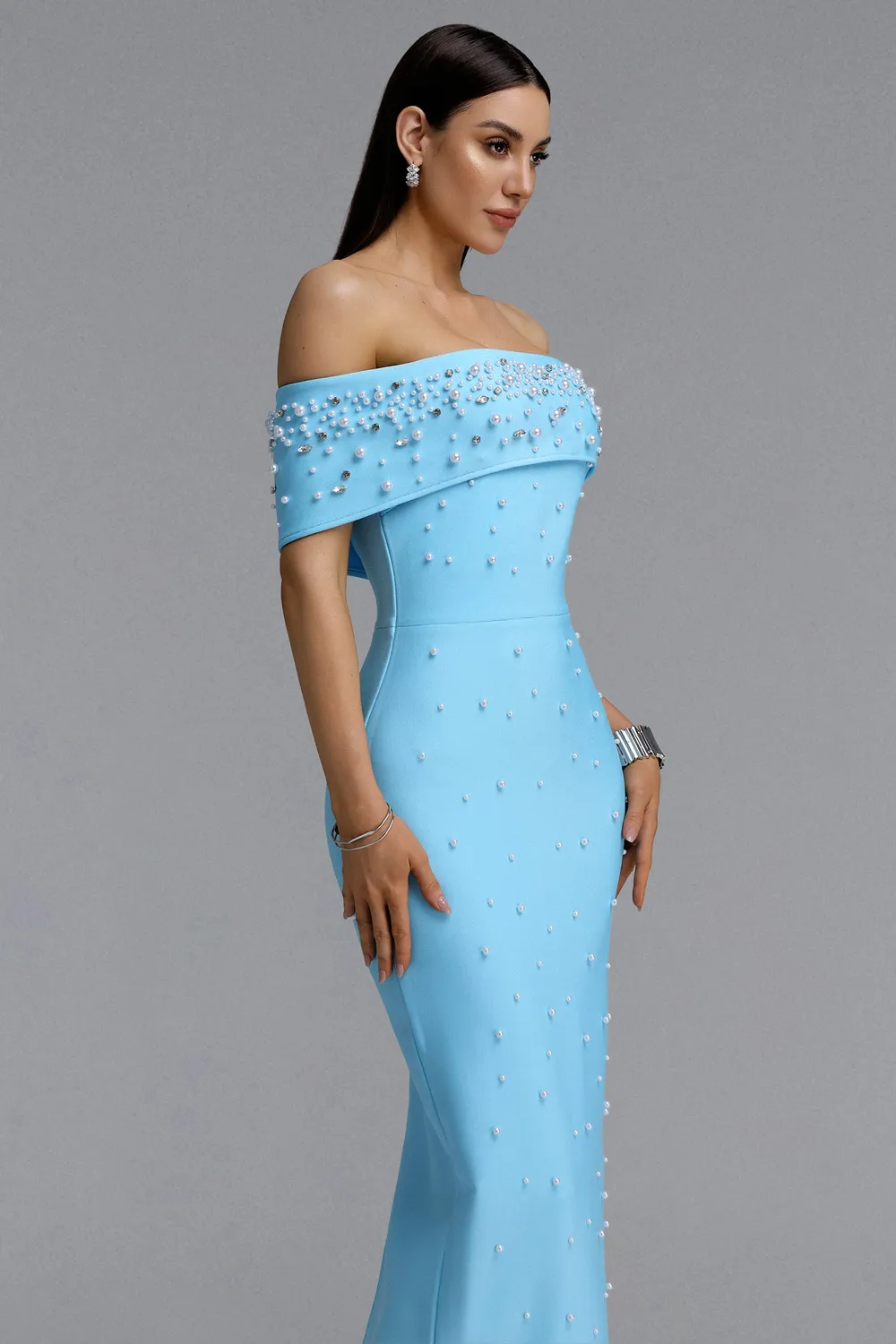 Bella Barnett Isme abito lungo blu M spalle scoperte bandage