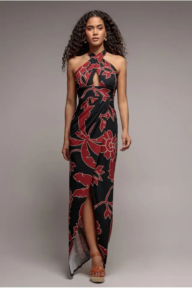 Goddiva Crossover abito maxi stampa nera halter