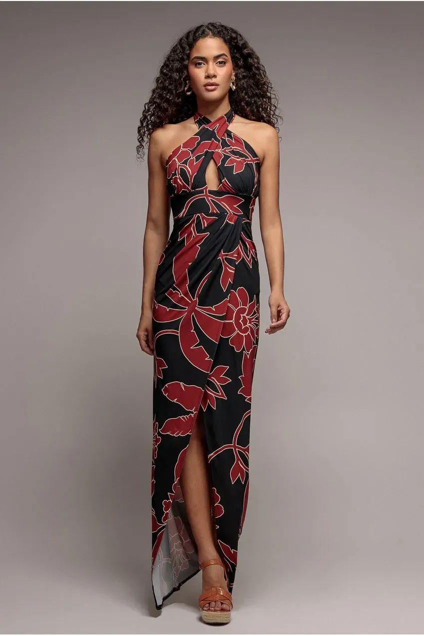 Goddiva Crossover abito maxi stampa nera halter