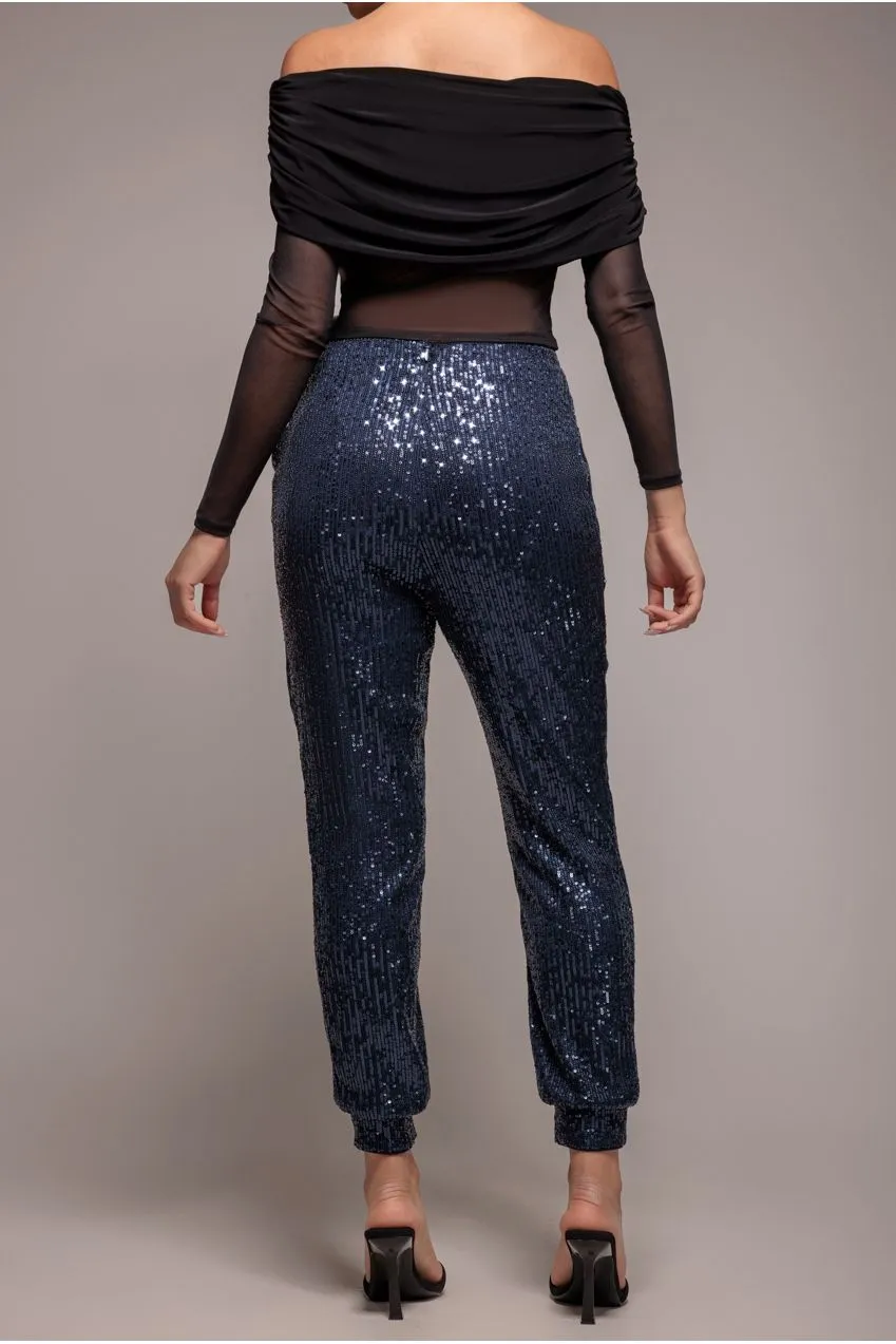 Goddiva Sequin Cuffed Ankle Trouser pantaloni navy paillettes