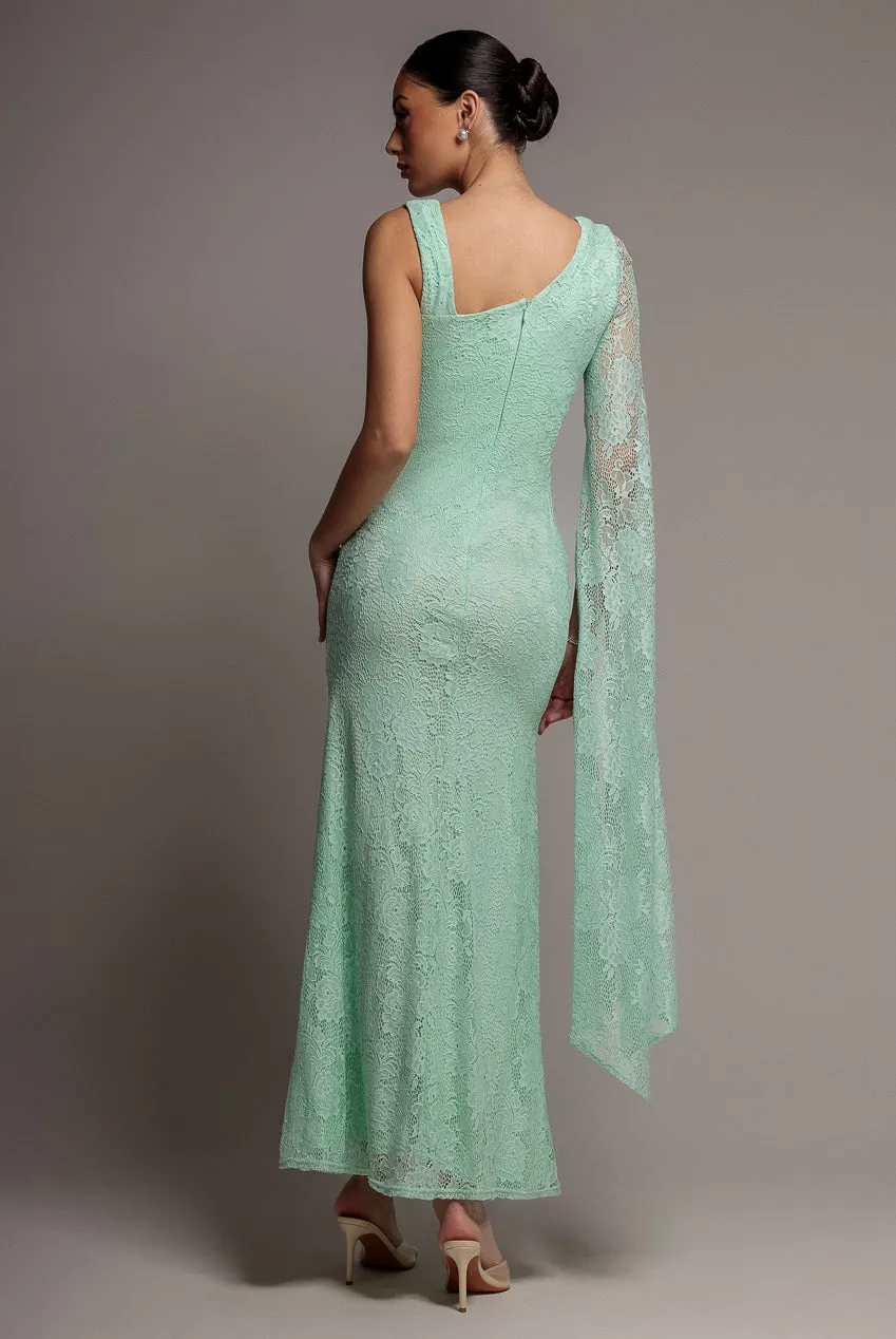 Goddiva One Shoulder Cape abito pizzo verde menta lungo
