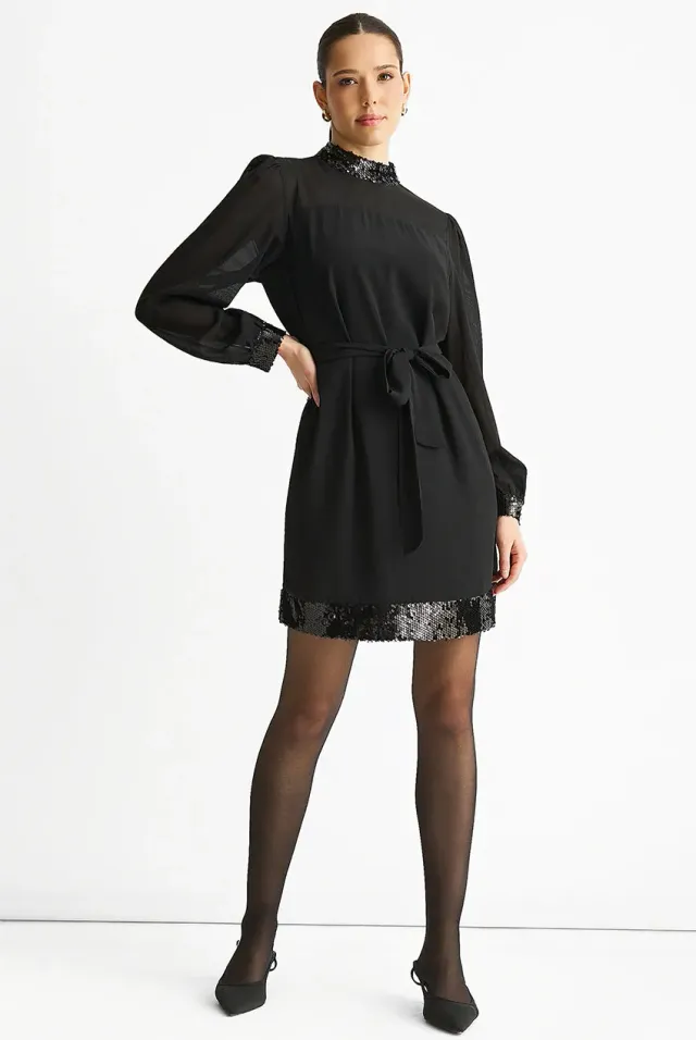 Gini London abito mini nero collo alto paillettes