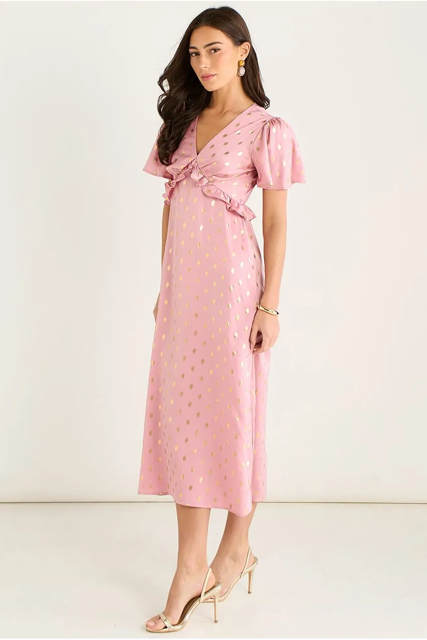 Gini London Blush Metallic Foil abito midi rosa cipria