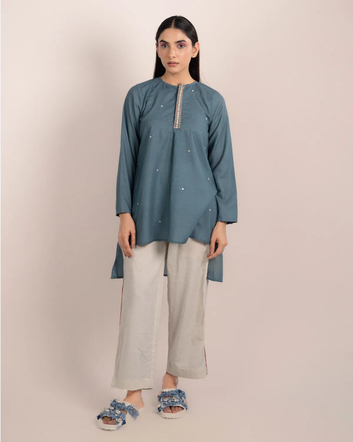 Our Dve Luna Top Normandy Blue Modal Orlo Asimmetrico