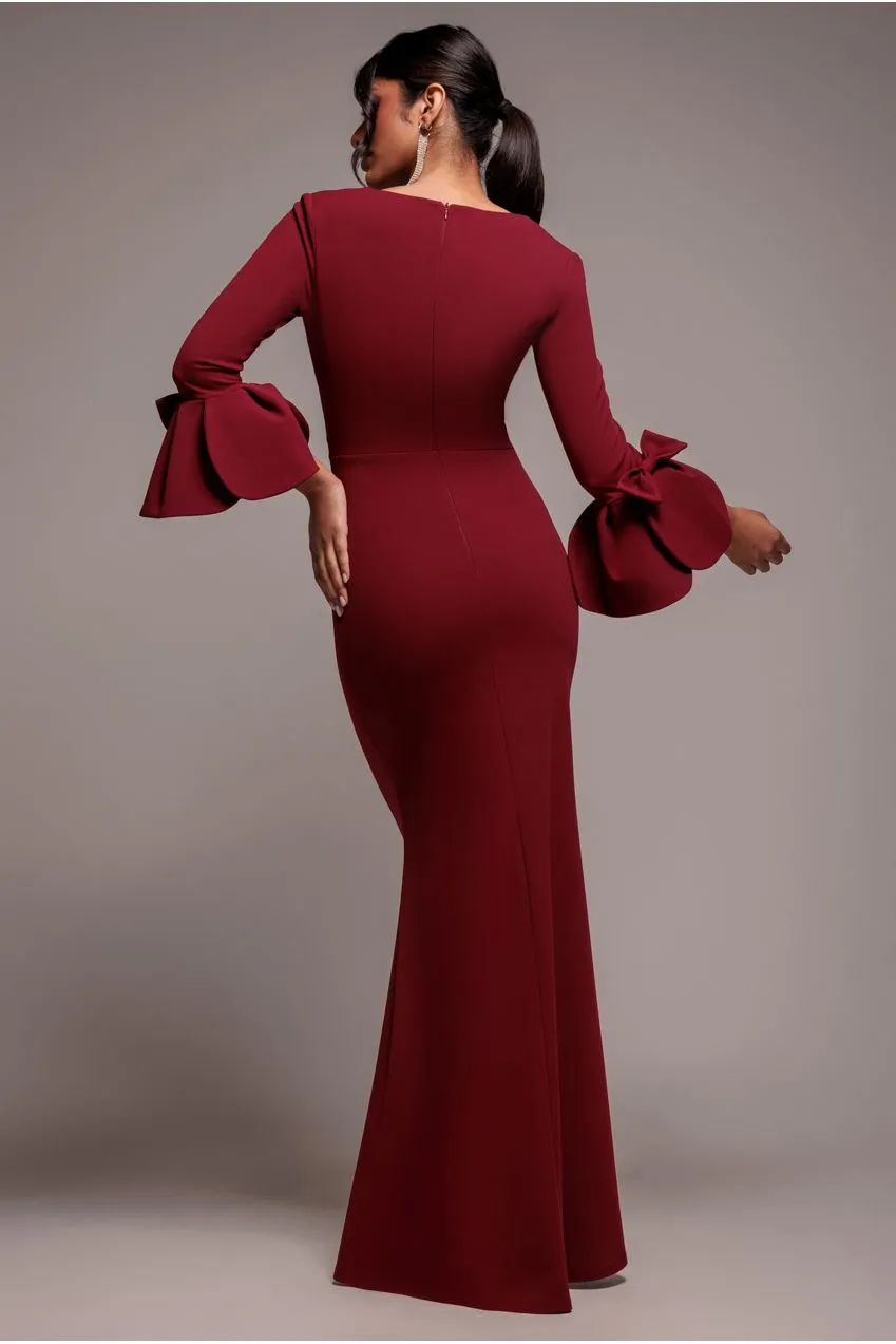 Goddiva Petal Bow Sleeve Frill abito lungo vino scollo quadrato