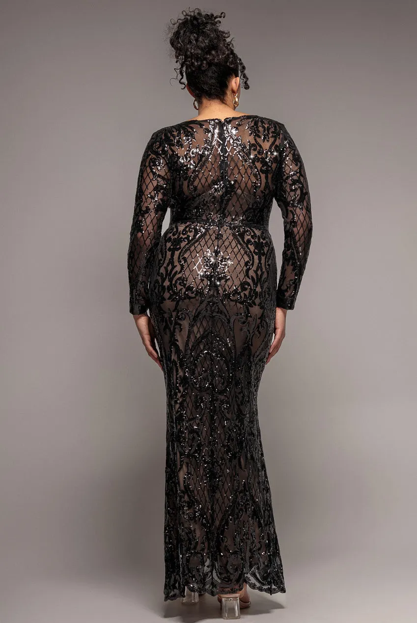 Goddiva Plus DR4038 abito maxi nero paillettes