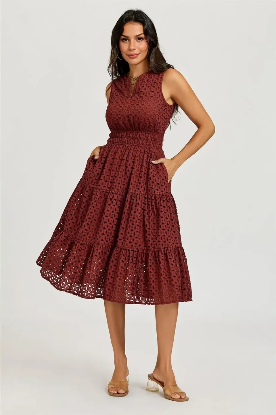 FS Collection Broderie abito midi ruggine in cotone sangallo