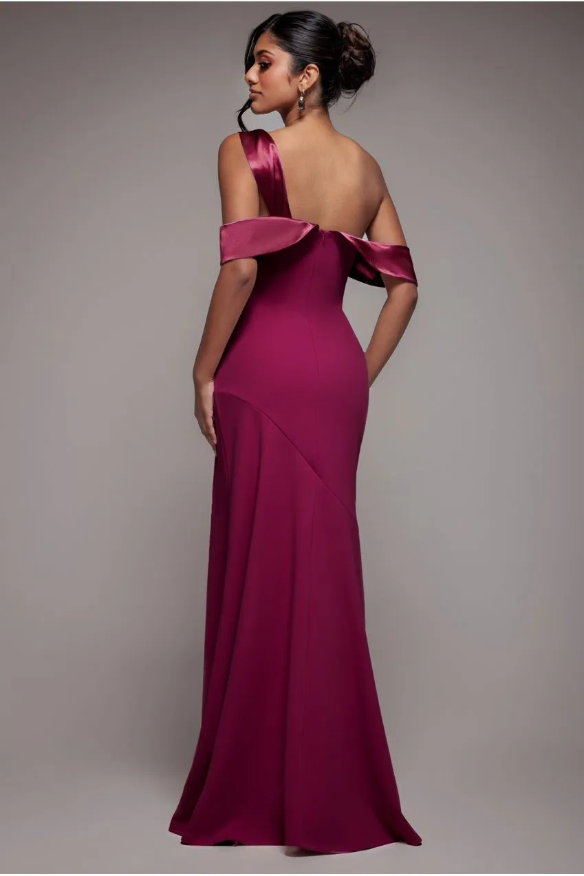 Goddiva One Shoulder Satin Band abito lungo bordeaux bodycon