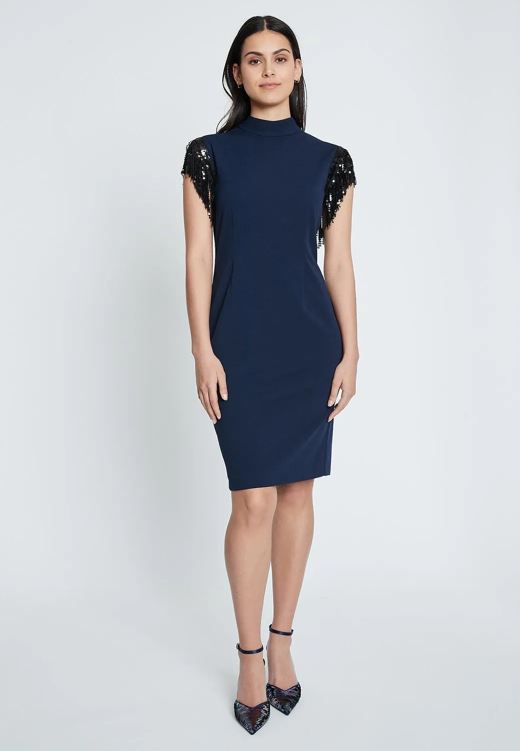 Ana Alcazar Imolys abito festa blu frange paillettes